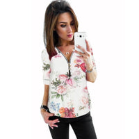 Zipper Short Sleeve Floral Printed Blouse