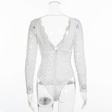 Bodysuit Women Long Sleeve Sexy Deep V Neck Scalloped Backless White Lace Bodysuit Body Women One Piece Bodycon Tops