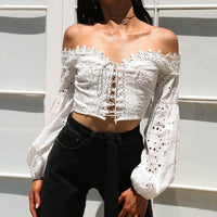 women lace Tops slash neck backless shirt off the shoulder t-shirt solid long flare sleeve Ruffle Crop Tops chiffon blusas