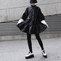 Stand Collar Long Puff Sleeve Black Loose Hem Ruffels Stitch Loose Dress