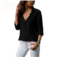 Lossky Long Sleeve Solid V-Neck Chiffon Blouse