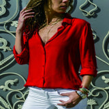 Lossky Long Sleeve Solid V-Neck Chiffon Blouse