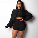 2 Two Piece Long Sleeve Knit Sweater Tops+Bodycon Shorts Suit