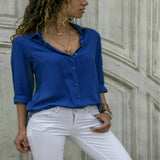 Lossky Long Sleeve Solid V-Neck Chiffon Blouse