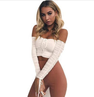 Women's  Sexy Lace Wrapped Chest Pullover Women's T-shirt Slash neck Long Sleeve