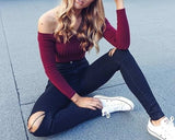 Off Shoulder Crop Top T Shirts Hot Sale Long Sleeve Solid Short