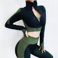 2020 Spring Women Seamless Yoga Set Long Sleeve Zipper Yoga Shirts+ Gym Leggings Push Up Fitness Tracksuits 2Pcs Workout Wear