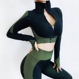 2020 Spring Women Seamless Yoga Set Long Sleeve Zipper Yoga Shirts+ Gym Leggings Push Up Fitness Tracksuits 2Pcs Workout Wear