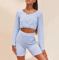 Casual Two Piece Sets Flare Sleeve Sweatshirts 2 Piece Shorts Set Sexy Fluffy Suits Lounge Set