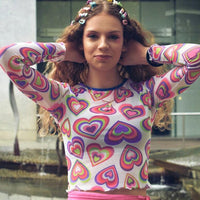 Chic Printed Mesh Crop Tshirt See Through Sexy Long Sleeve Summer Tops For Women Sweet Style Cute Harajuku Shirt