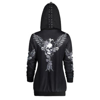 Women Skull Wings Print Halloween Zip Up Hoodies Sweatshirts