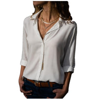 Lossky Long Sleeve Solid V-Neck Chiffon Blouse