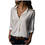 Lossky Long Sleeve Solid V-Neck Chiffon Blouse