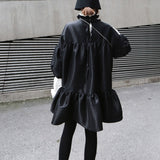 Stand Collar Long Puff Sleeve Black Loose Hem Ruffels Stitch Loose Dress