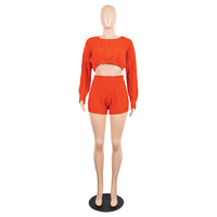 2 Two Piece Long Sleeve Knit Sweater Tops+Bodycon Shorts Suit