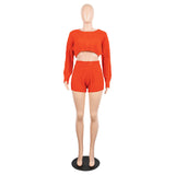 2 Two Piece Long Sleeve Knit Sweater Tops+Bodycon Shorts Suit