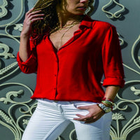 Lossky Long Sleeve Solid V-Neck Chiffon Blouse