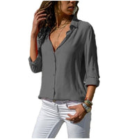 Lossky Long Sleeve Solid V-Neck Chiffon Blouse
