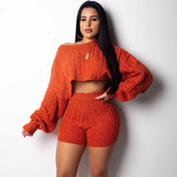 2 Two Piece Long Sleeve Knit Sweater Tops+Bodycon Shorts Suit
