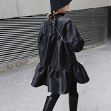 Stand Collar Long Puff Sleeve Black Loose Hem Ruffels Stitch Loose Dress