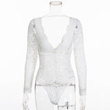 Bodysuit Women Long Sleeve Sexy Deep V Neck Scalloped Backless White Lace Bodysuit Body Women One Piece Bodycon Tops