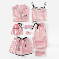 7Pcs Pink Letter Embroidered Striped Pajama Set