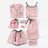 7Pcs Pink Letter Embroidered Striped Pajama Set