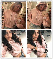 Pink Cropped Hoodies Drawstring Casual Women Letters Print Long Sleeve Hooded Sweatshirt Autumn Graphic Sweet Hoodies
