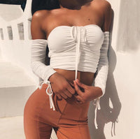 Women's  Sexy Lace Wrapped Chest Pullover Women's T-shirt Slash neck Long Sleeve
