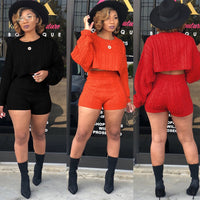 2 Two Piece Long Sleeve Knit Sweater Tops+Bodycon Shorts Suit