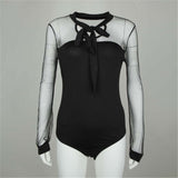 Summer Bodysuit Women Sexy Bow Black Mock Neck Patchwork Long Sleeve Bodysuit Transparent Tops