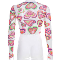 Chic Printed Mesh Crop Tshirt See Through Sexy Long Sleeve Summer Tops For Women Sweet Style Cute Harajuku Shirt