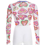Chic Printed Mesh Crop Tshirt See Through Sexy Long Sleeve Summer Tops For Women Sweet Style Cute Harajuku Shirt