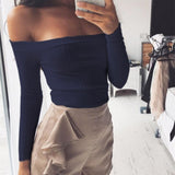 Off Shoulder Crop Top T Shirts Hot Sale Long Sleeve Solid Short