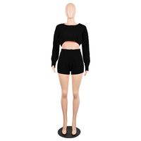2 Two Piece Long Sleeve Knit Sweater Tops+Bodycon Shorts Suit