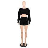 2 Two Piece Long Sleeve Knit Sweater Tops+Bodycon Shorts Suit