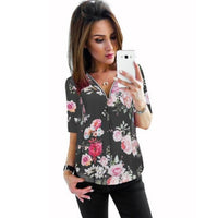 Zipper Short Sleeve Floral Printed Blouse