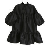 Stand Collar Long Puff Sleeve Black Loose Hem Ruffels Stitch Loose Dress