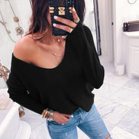 Sexy V-neck Off Shoulder Sweater Women 2018 Casual Long Sleeve Ribbed Solid Pullover Female Autumn Winter Knitted Tops