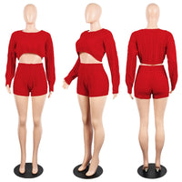 2 Two Piece Long Sleeve Knit Sweater Tops+Bodycon Shorts Suit