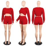 2 Two Piece Long Sleeve Knit Sweater Tops+Bodycon Shorts Suit