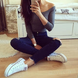 Off Shoulder Crop Top T Shirts Hot Sale Long Sleeve Solid Short