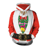 This festive 3D Unisex Printing Hooded Sweater, part of the Novelty Sweaters Ugly Christmas collection, is designed to resemble Santa Claus's outfit. It boasts a red body with white trim, a black belt with a gold buckle, and an integrated hood with drawstrings. The front showcases an illustration of bells and holly accompanied by the text "Santa Claus" in bright, playful colors. Perfect for adding a touch of holiday cheer to your wardrobe!