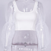 Womens Mesh Spliced Puff Sleeve Blouse
