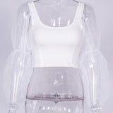 Womens Mesh Spliced Puff Sleeve Blouse