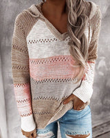 Women's V Neck Patchwork Casual Knitted Elegant Pullover