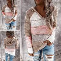 Women's V Neck Patchwork Casual Knitted Elegant Pullover