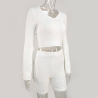 Casual Two Piece Sets Flare Sleeve Sweatshirts 2 Piece Shorts Set Sexy Fluffy Suits Lounge Set