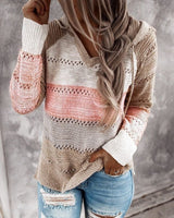 Women's V Neck Patchwork Casual Knitted Elegant Pullover